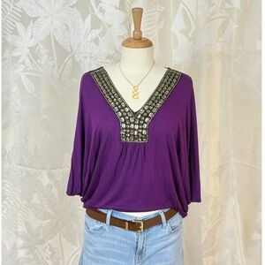 2b Bebe Purple Embellished V Neck Dolman Sleeve Top Women's Size M Made in USA